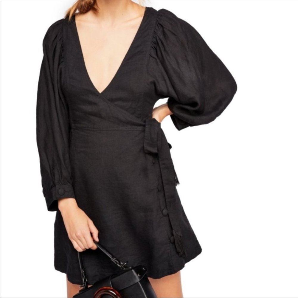 Free People Linen Carino Wrap Dress Black Size S